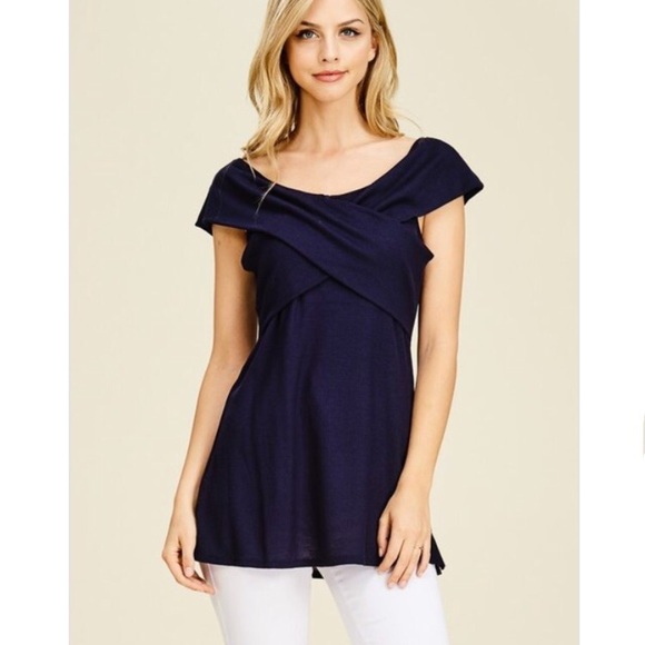 Navy blue crossover front knit top - Picture 2 of 5